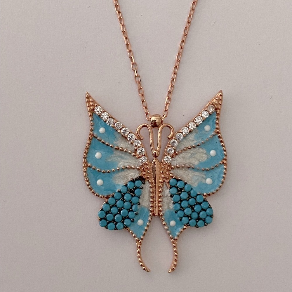 🦋Silver 925 butterfly necklace cubic zirconia cz and turquoise stones